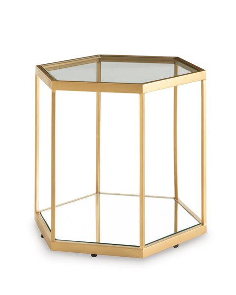 Goldtone Hexagonal Glass Accent Table with Mirrored Inset