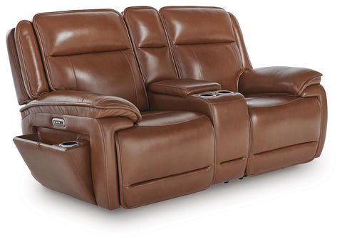 Leather-Match Power Reclining Loveseat with Console in Chocolate