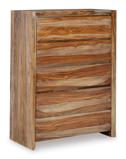 Natural Sheesham Wood and Veneer Five-Drawer Chest