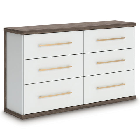 Brown and White Six-Drawer Dresser with Champagne-Tone Handles
