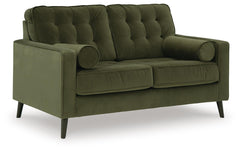 Olive, complete velvet loveseat, angled view - 1