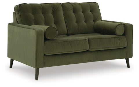 Button-Tufted Velvet Loveseat with Bolster Pillows in Olive