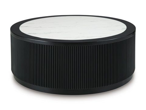 42-Inch Black Round Coffee Table with Faux-Marble Top and Casters