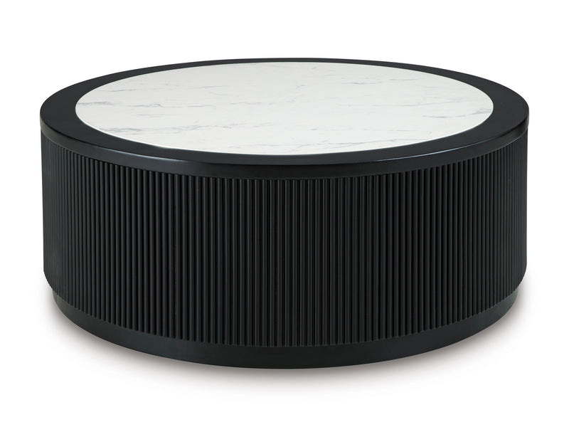 42-Inch Black Round Coffee Table with Faux-Marble Top and Casters