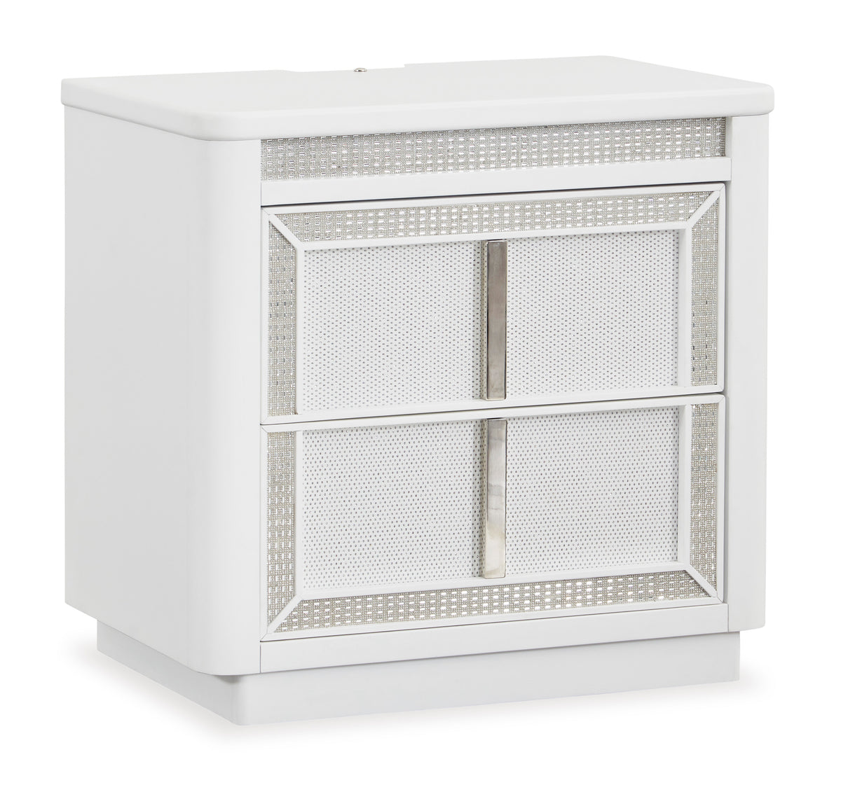 White, complete two-drawer nightstand, angled view