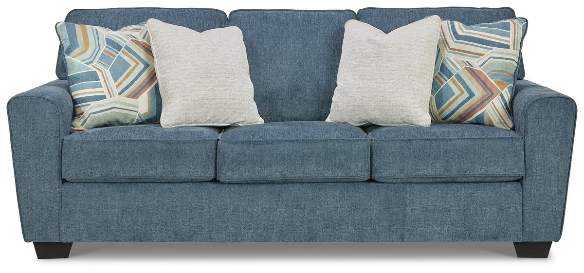 Blue, complete queen sleeper sofa, closed front view