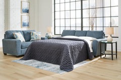 Blue, queen sleeper sofa opened; bedding and other furniture excluded - 2