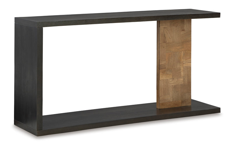 Dark Brown Console Table with Patchwork Post and Lower Shelf