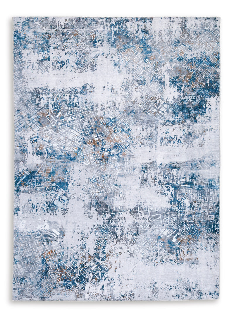 Blue and Honey Distressed Abstract Machine-Washable Rug