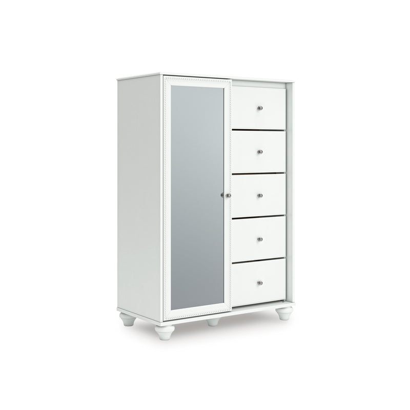 White Five-Drawer Dressing Chest with Mirrored Storage Cabinet
