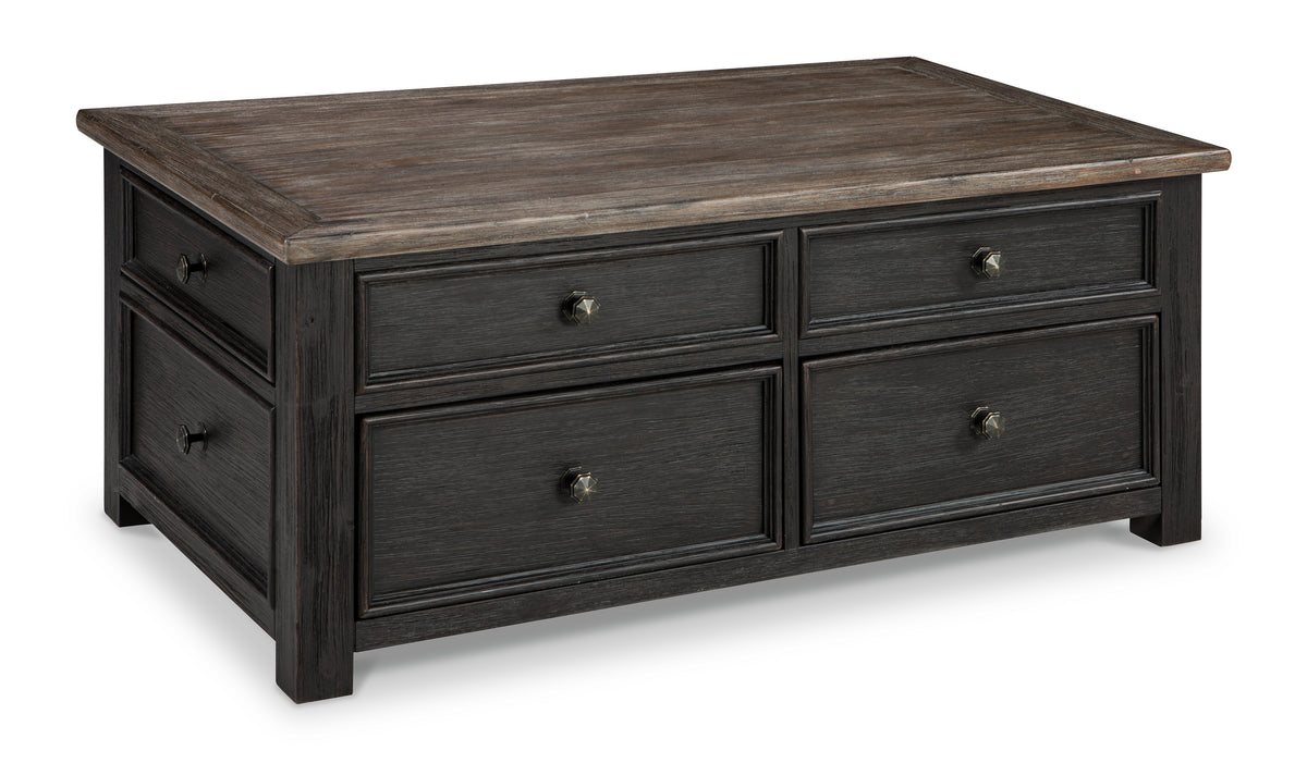 Grayish Brown/Black four drawer lift top coffee table, full product view