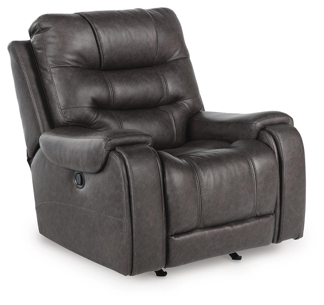 Smoke, complete rocker recliner in upright position