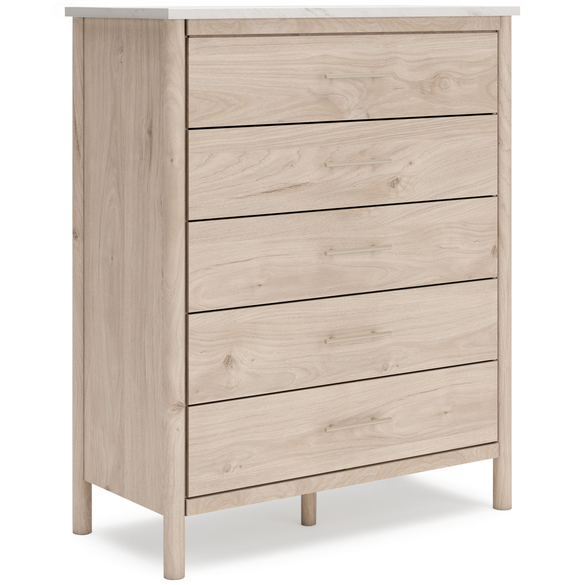 Two-tone, complete wide five-drawer chest, angled view