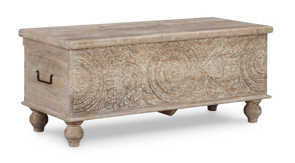 Beige storage bench, full product view