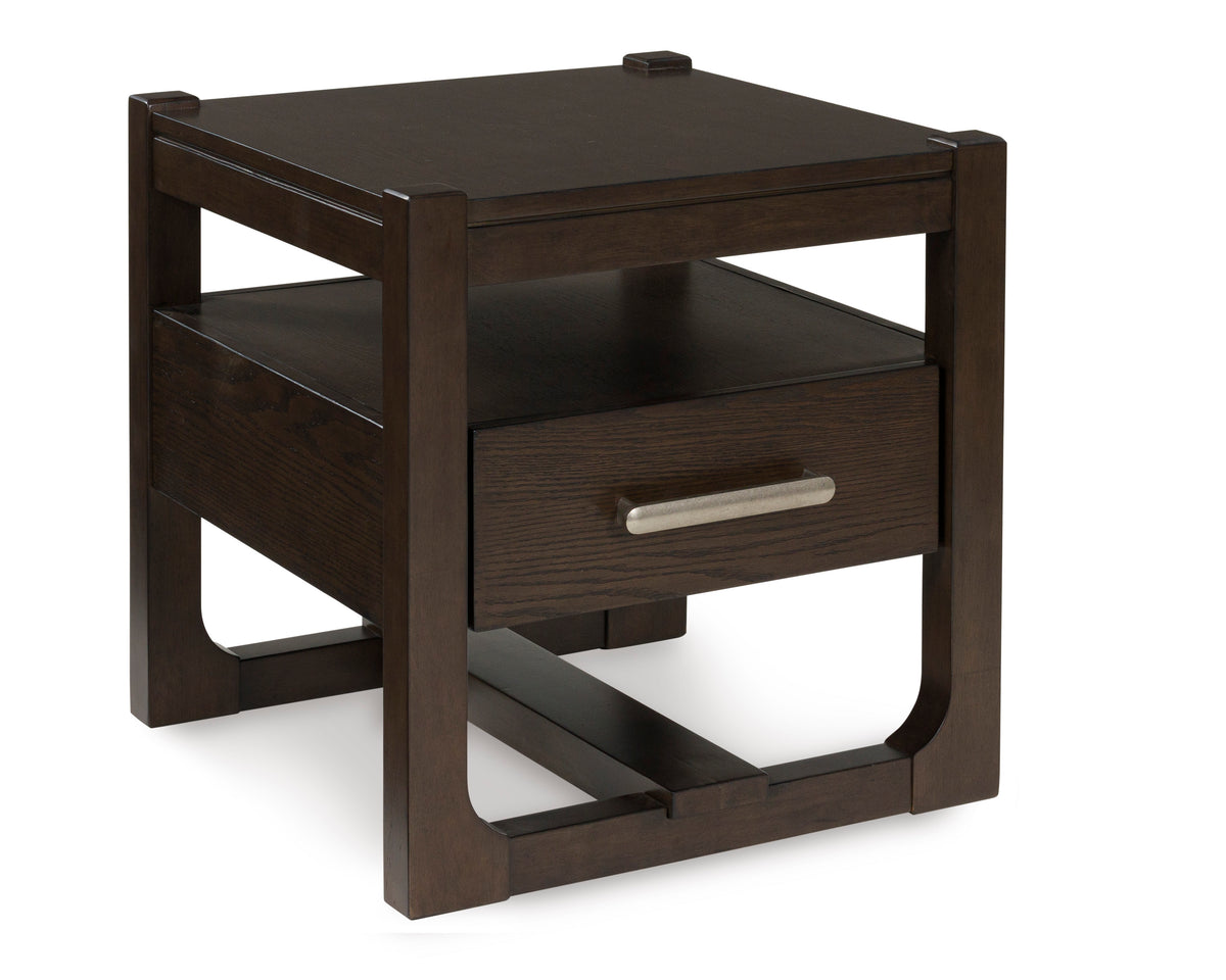 Dark Brown square end table with drawer, full product view