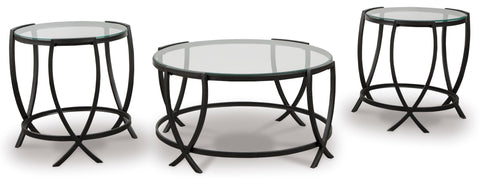 Tarrin Black Metal and Glass 3-Piece Coffee and End Table Set