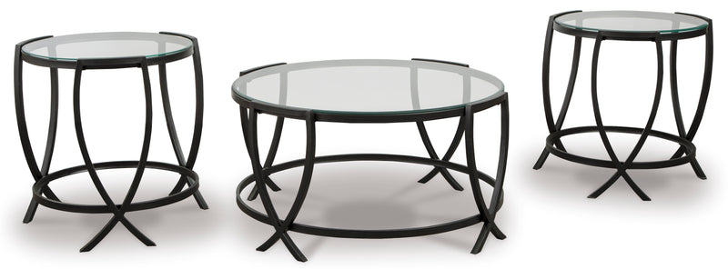 Tarrin Black Metal and Glass 3-Piece Coffee and End Table Set
