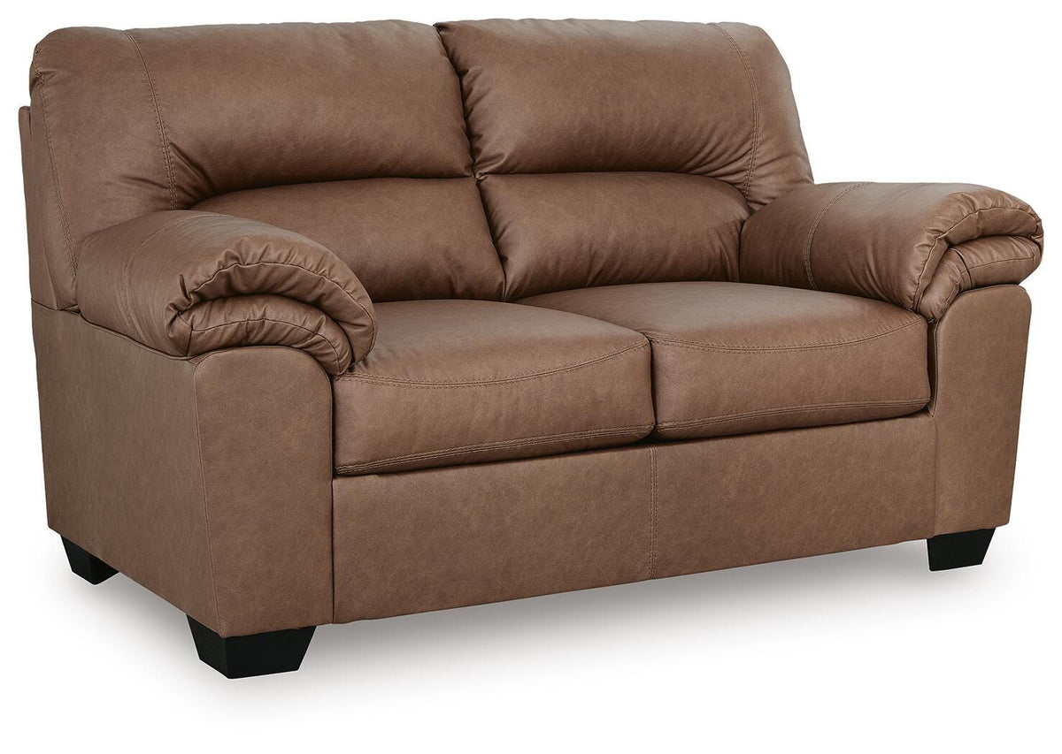 Caramel, complete loveseat angled view