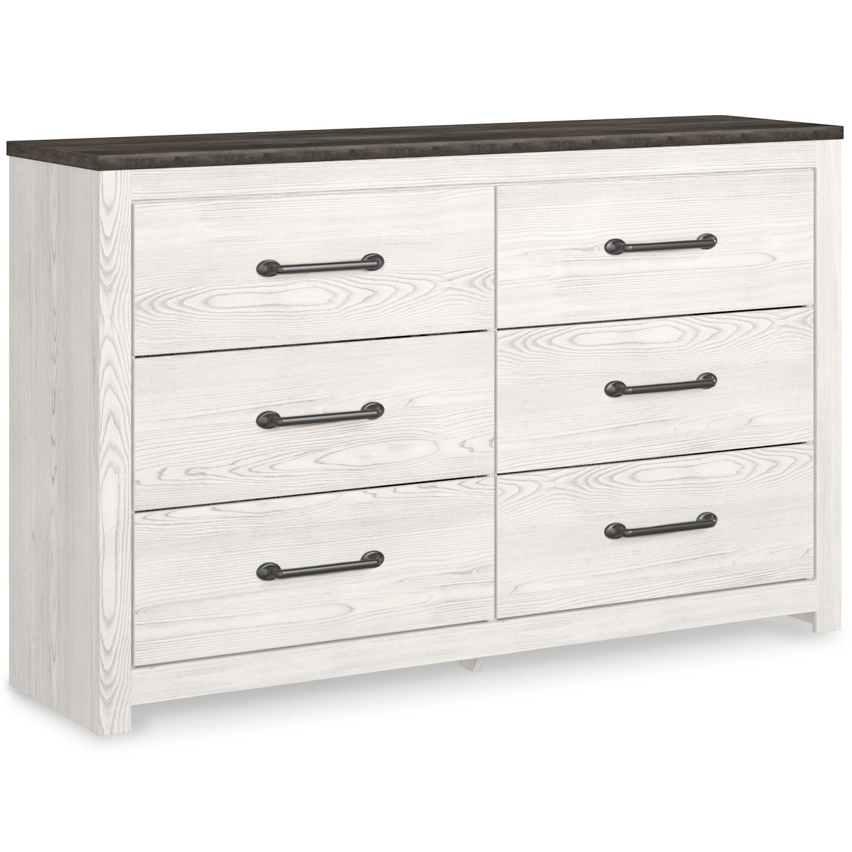 White/Gray, complete six-drawer dresser, angled view
