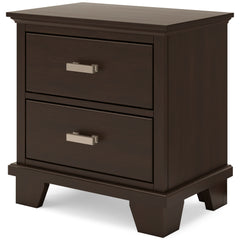 Dark Brown, complete two-drawer nightstand, angled view - 1
