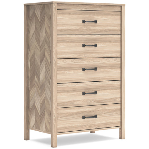 Light Oak-Grain Five-Drawer Chest with Chevron Sides
