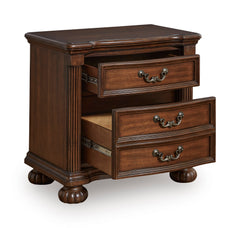 Brown, nightstand with two drawers open and split-front lower drawer - 2