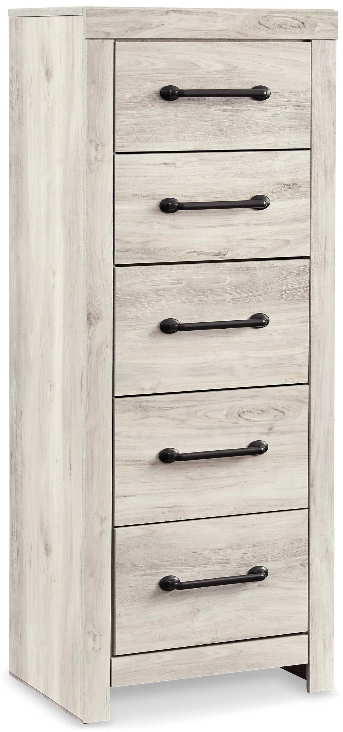 Whitewash, complete narrow five-drawer chest, angled view