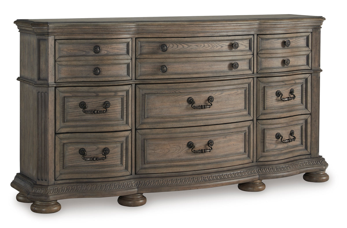 Light Brown, complete nine-drawer dresser, angled view