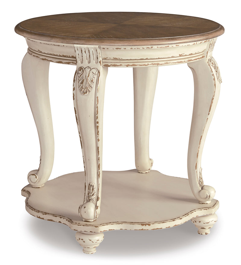 26-Inch White and Brown Round End Table with Carved Details