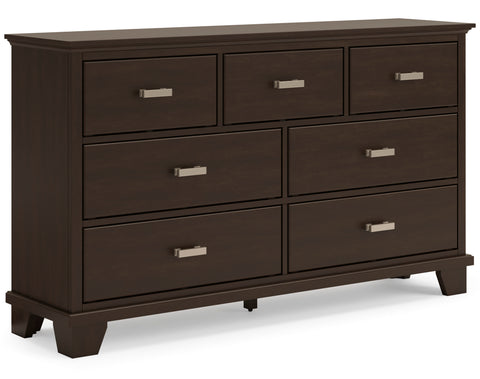 Dark Brown Seven-Drawer Dresser with Bright Nickel-Tone Pulls