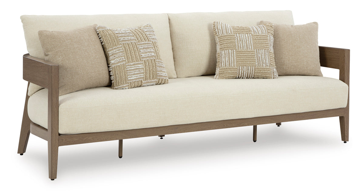 Dark Brown/White outdoor sofa with cushions, full product view