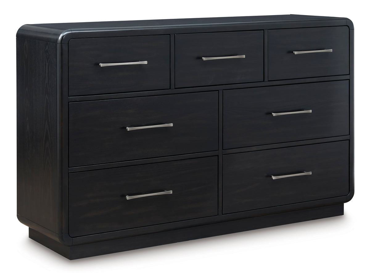 Black, complete seven-drawer dresser, angled view