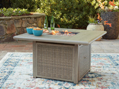 Beige, fire pit table in outdoor setting; accessories excluded - 2