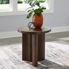 Dark Brown round end table with reeded base, product view 4 - 4