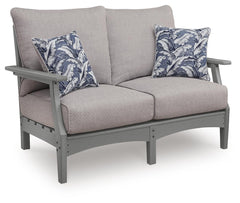 Gray, full loveseat with cushions and two pillows - 1