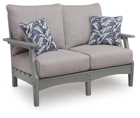 Gray HDPE Outdoor Loveseat with Cushions and Two Pillows