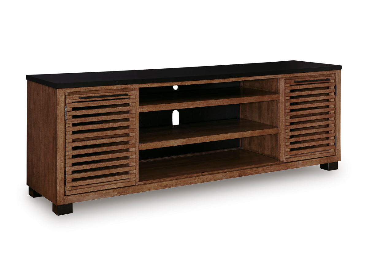 Warm Brown/Black TV stand with two cabinet doors, full product view