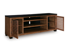 Warm Brown/Black TV stand with two cabinet doors, product view 2 - 2