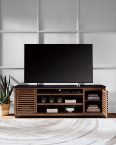 Warm Brown/Black TV stand with two cabinet doors, product view 5 - 5