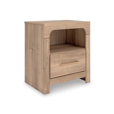 Oak-Look One-Drawer Nightstand with Open Shelf and USB Charging