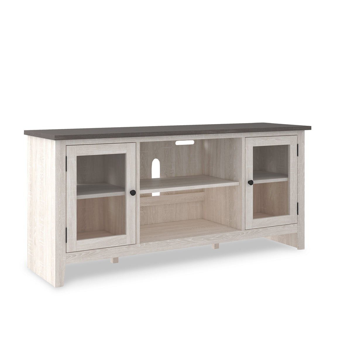 Two-tone TV stand with glass doors and gray grain top, full product view