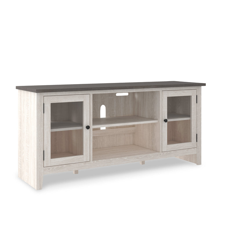 Antique White Glass-Door TV Stand with Gray-Grain Top