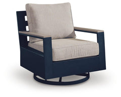 Navy Blue/Driftwood, full swivel glider chair angled view - 1