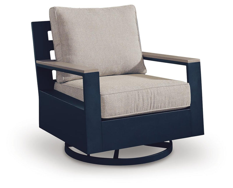 Navy Blue and Driftwood Outdoor Swivel Glider Chair with Cushions