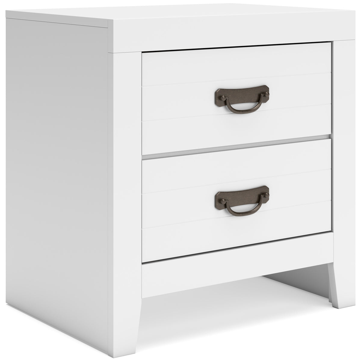 White, complete two-drawer nightstand, angled view
