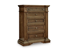 Brown / Traditional Brown Five-Drawer Chest with Brass-Tone Knobs — complete product angled view - 1