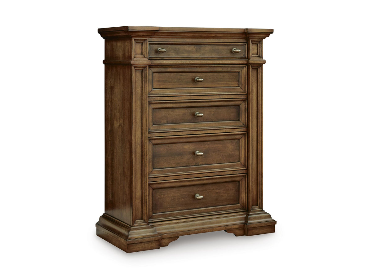Brown / Traditional Brown Five-Drawer Chest with Brass-Tone Knobs — complete product angled view