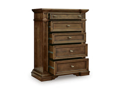 Brown / Traditional Brown Five-Drawer Chest with Brass-Tone Knobs — drawers open - 2