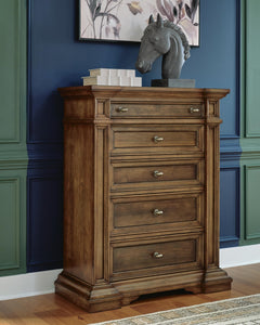 Brown / Traditional Brown Five-Drawer Chest with Brass-Tone Knobs — room setting; accessories not included - 4