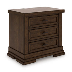 Medium Brown, complete three-drawer nightstand, angled view - 1